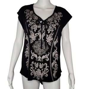 Ava James Black &‎ Tan Floral Hi/Lo Hem Blouse